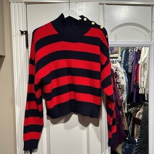 Striped Red & Navy Button-Shoulder Knit Sweater